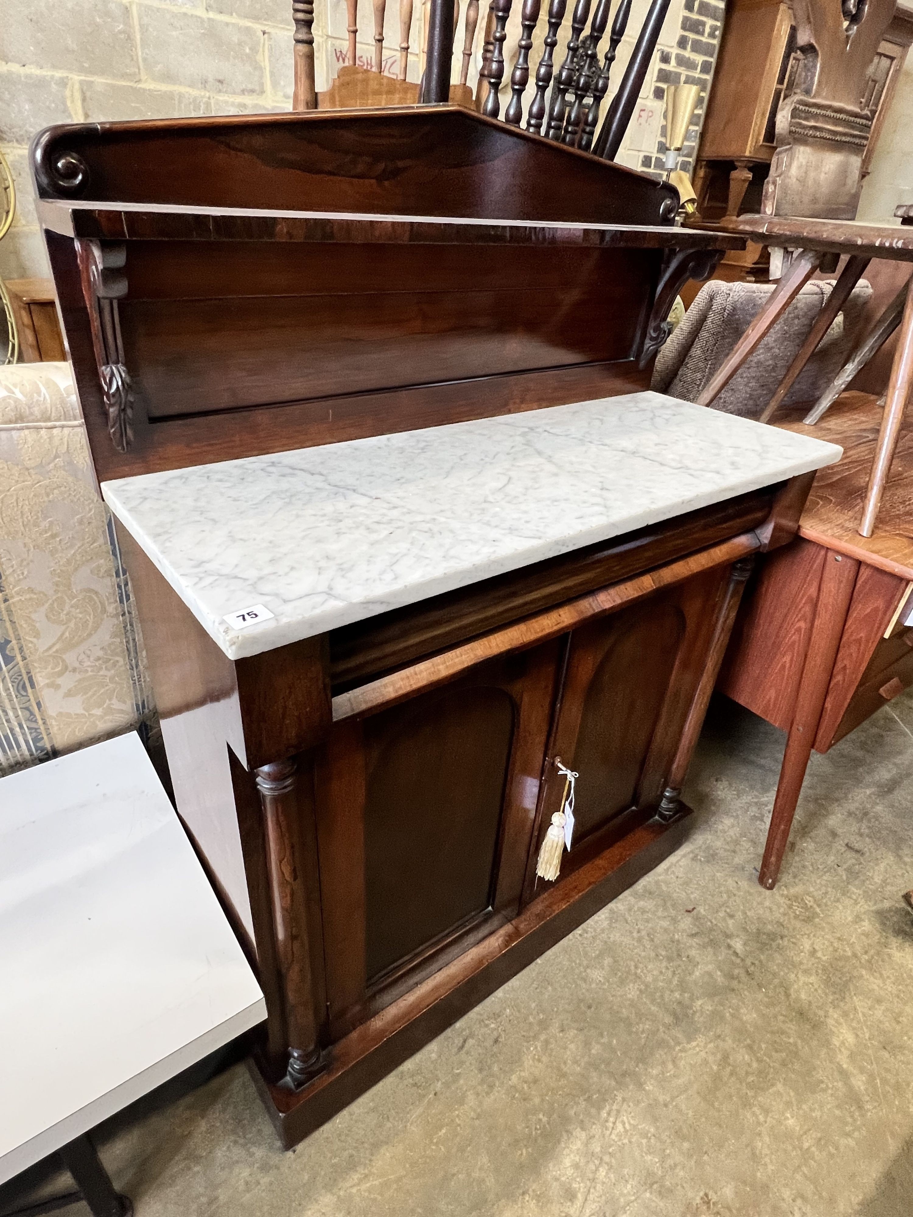 An early Victorian marble topped rosewood chiffonier, width 89cm depth 37cm height 122cm